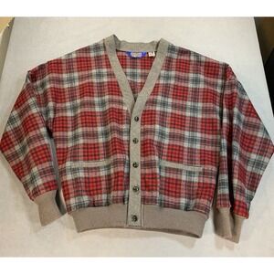 Vintage Pendleton Made In USA Red Plaid Wool Button Up Cardigan Sweater Medium